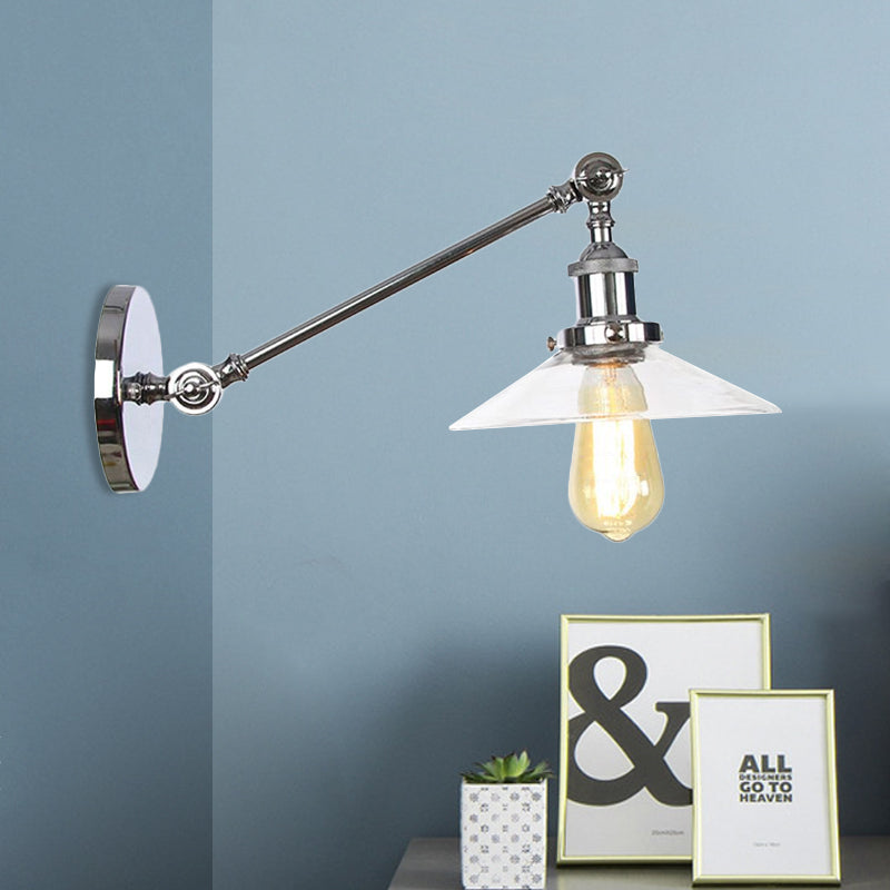 Innendørs vegglampe med 1 lys, vintage, svart/messing/bronse, lysarmatur med konisk, gjennomsiktig glassskjerm, 8"/12" L-arm