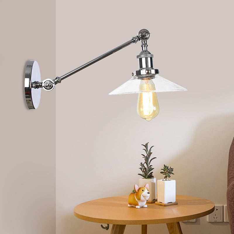 Innendørs vegglampe med 1 lys, vintage, svart/messing/bronse, lysarmatur med konisk, gjennomsiktig glassskjerm, 8"/12" L-arm
