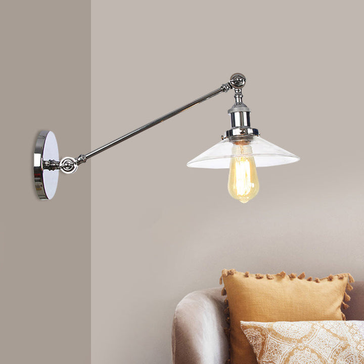 Innendørs vegglampe med 1 lys, vintage, svart/messing/bronse, lysarmatur med konisk, gjennomsiktig glassskjerm, 8"/12" L-arm
