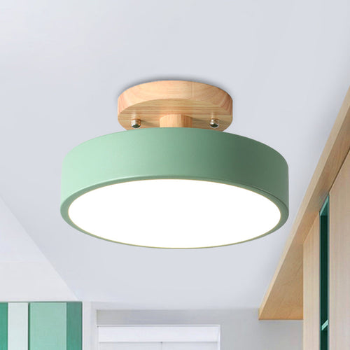 Skanto | Skandinavisk LED Taklampe med Tre | Modern Trommelform for Ganger og Innganger | Energibesparende Belysning