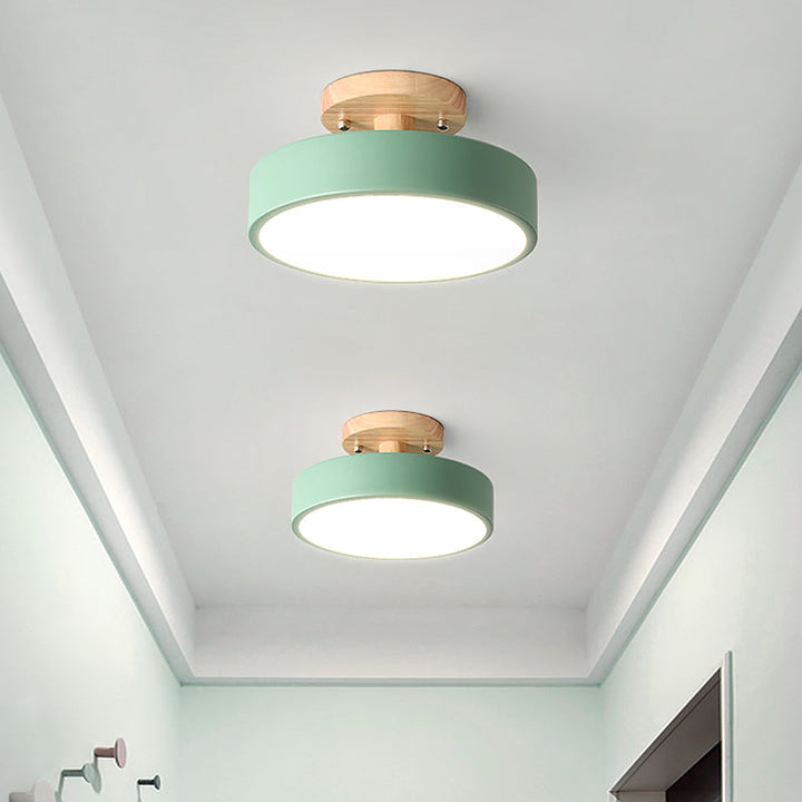 Skanto | Skandinavisk LED Taklampe med Tre | Modern Trommelform for Ganger og Innganger | Energibesparende Belysning