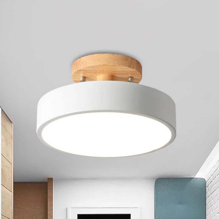 Skanto | Skandinavisk LED Taklampe med Tre | Modern Trommelform for Ganger og Innganger | Energibesparende Belysning