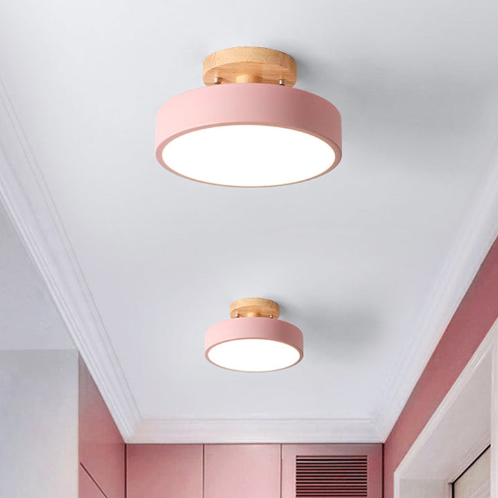 Skanto | Skandinavisk LED Taklampe med Tre | Modern Trommelform for Ganger og Innganger | Energibesparende Belysning