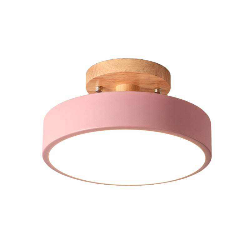 Skanto | Skandinavisk LED Taklampe med Tre | Modern Trommelform for Ganger og Innganger | Energibesparende Belysning