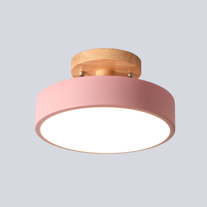 Skanto | Skandinavisk LED Taklampe med Tre | Modern Trommelform for Ganger og Innganger | Energibesparende Belysning
