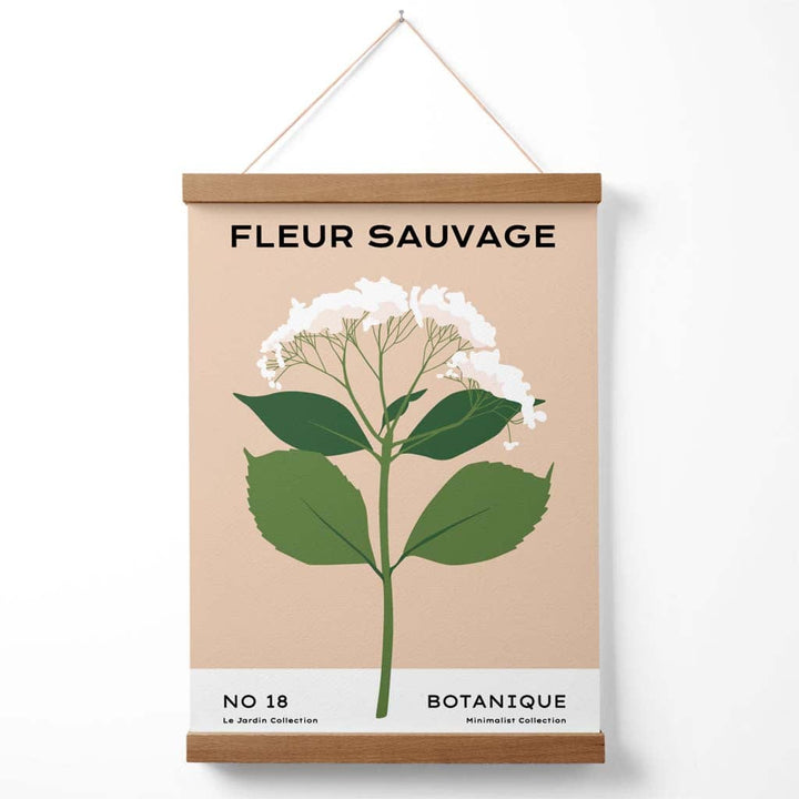 Minimalistisk plakat for et blomstermarked i beige og grønt med markblomster, inkludert oppheng.