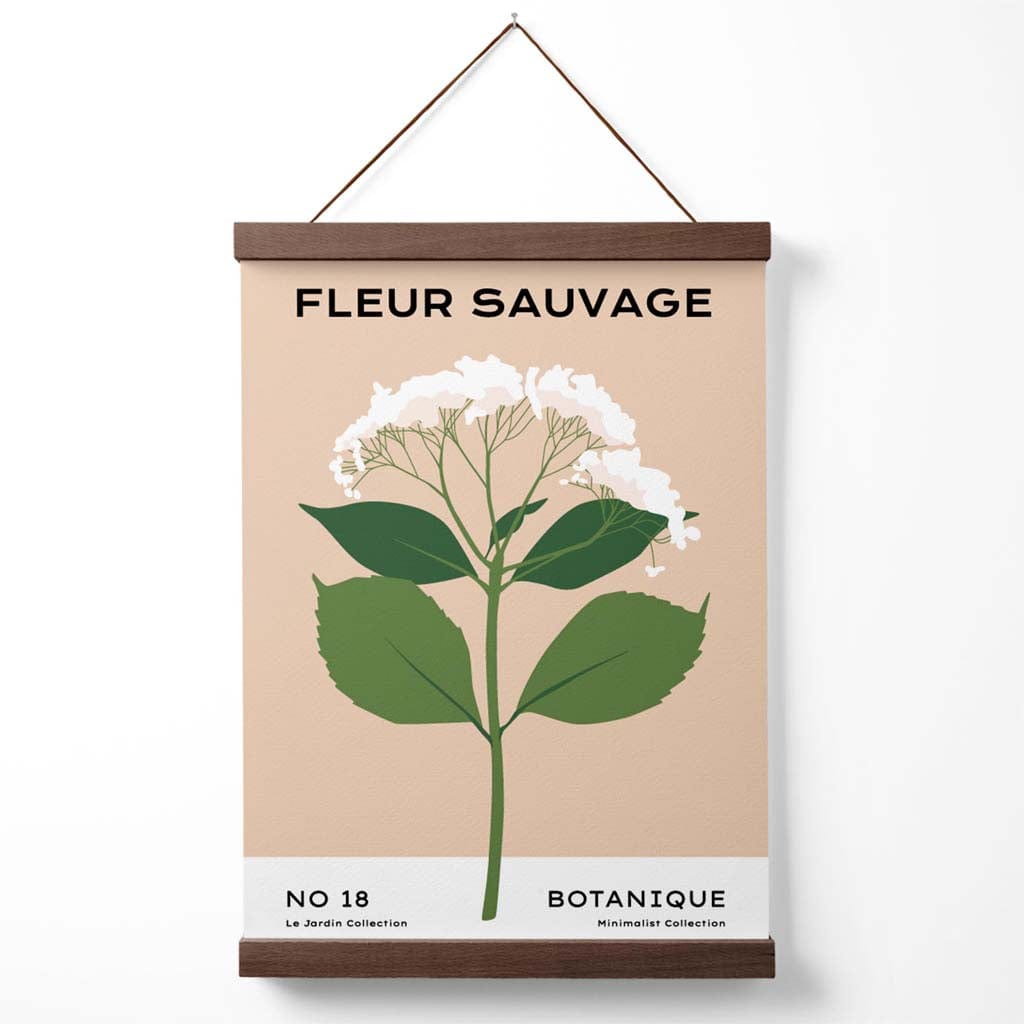 Minimalistisk plakat for et blomstermarked i beige og grønt med markblomster, inkludert oppheng.