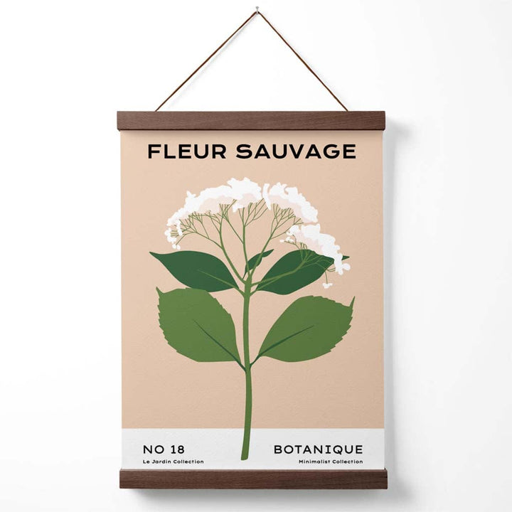 Minimalistisk plakat for et blomstermarked i beige og grønt med markblomster, inkludert oppheng.