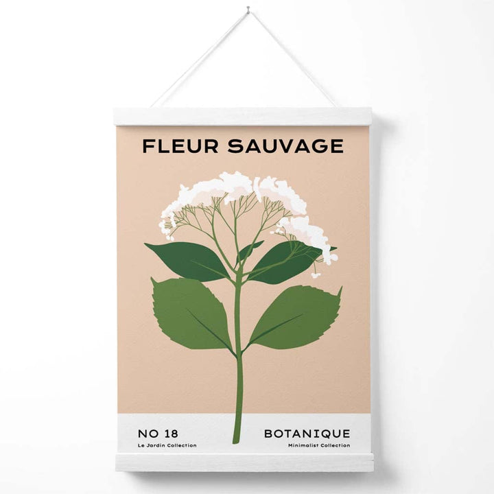 Minimalistisk plakat for et blomstermarked i beige og grønt med markblomster, inkludert oppheng.