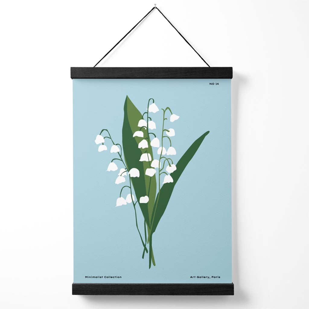 Minimalistisk plakat «Blå liljekonvall» til blomstermarkedet med oppheng