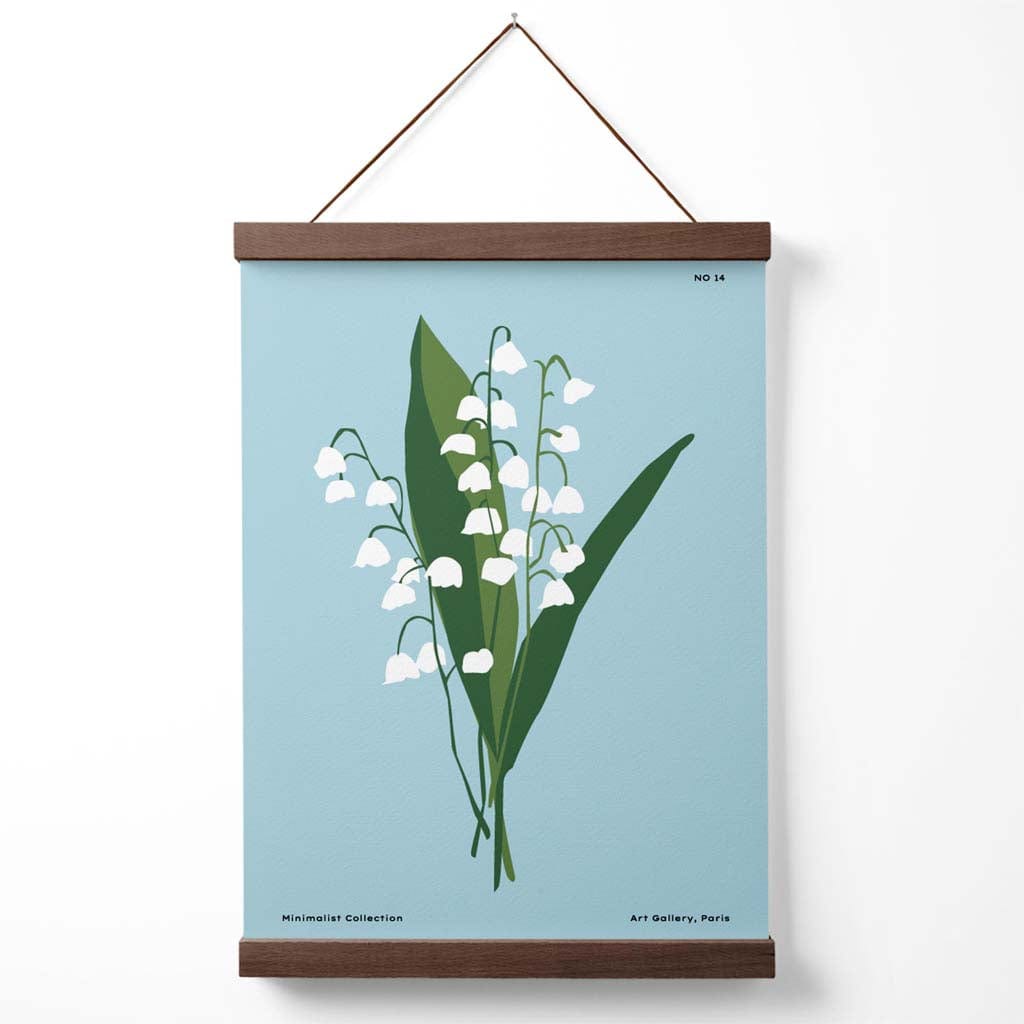Minimalistisk plakat «Blå liljekonvall» til blomstermarkedet med oppheng