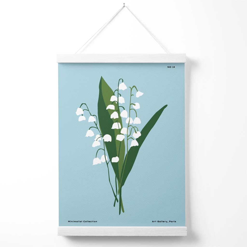 Minimalistisk plakat «Blå liljekonvall» til blomstermarkedet med oppheng