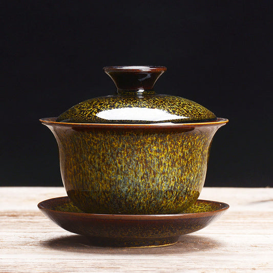 Norvo | Vintage Brennovn Keramisk Gaiwan Sancai Tekopp Tekopp og Tallerken med Lokk