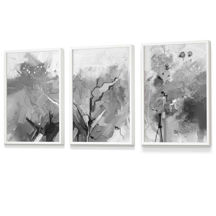Abstrakt svart-hvitt sett med 3 innrammede veggkunstverk