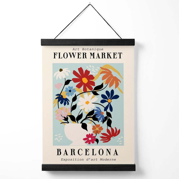 Utstillingsplakat for det blå og rosa blomstermarkedet i Barcelona med oppheng