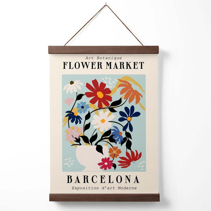 Utstillingsplakat for det blå og rosa blomstermarkedet i Barcelona med oppheng