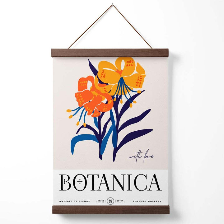 Utstillingsplakat for et blått og oransje blomstermarked med oppheng