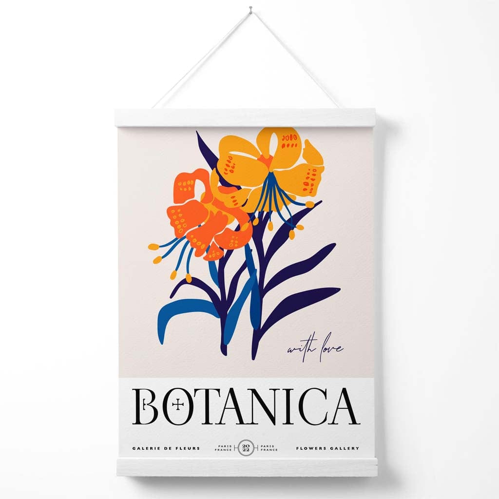 Utstillingsplakat for et blått og oransje blomstermarked med oppheng