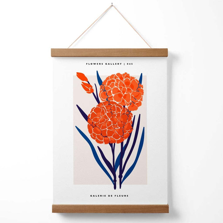 Utstillingsplakat for Allium-blomstermarkedet i blått og oransje med oppheng