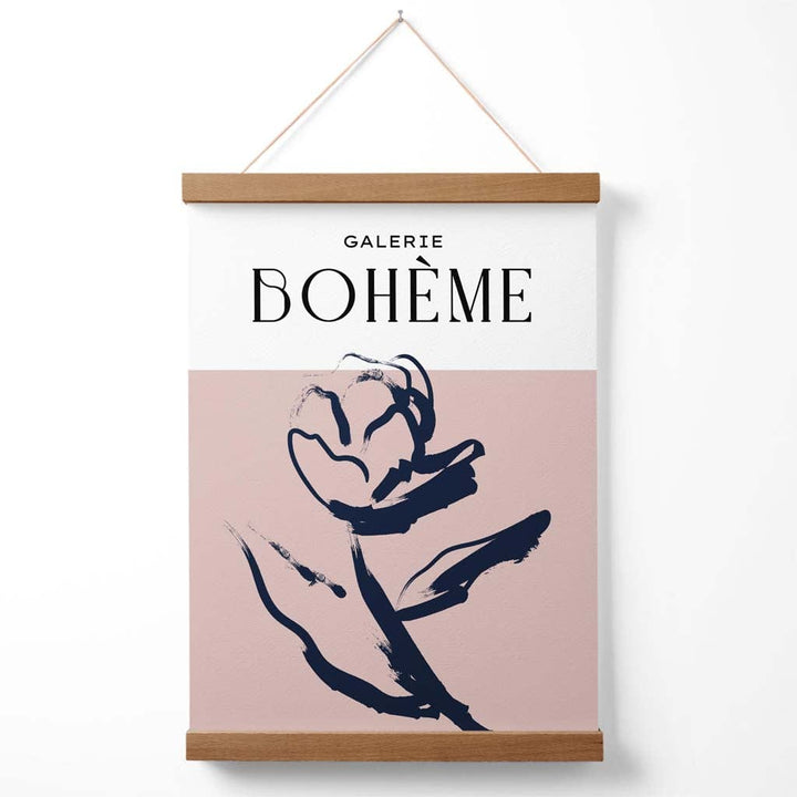 Bohemsk blomsterplakat med roseskisse i blush og marineblått, inkludert oppheng.