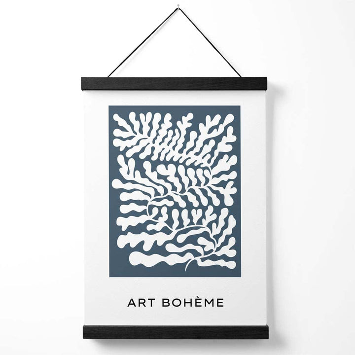 Blå og hvit Matisse-stil plakat med blomsterutklipp og oppheng