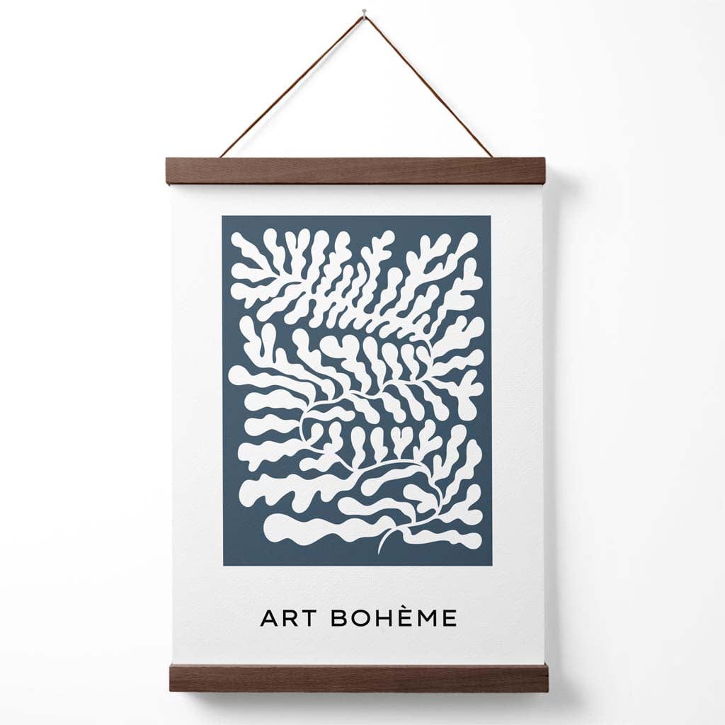 Blå og hvit Matisse-stil plakat med blomsterutklipp og oppheng