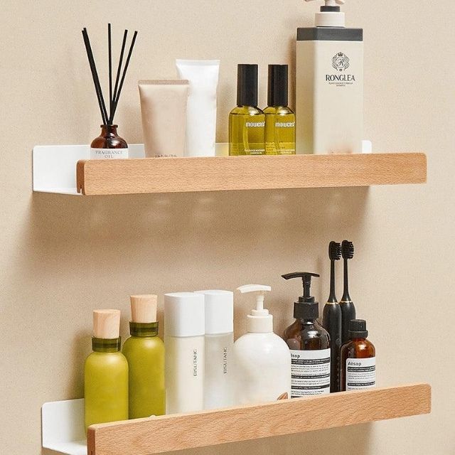 Skanto | Solid Wood Bathroom Shelf – No-Drill Veggmontert Organiser Rack