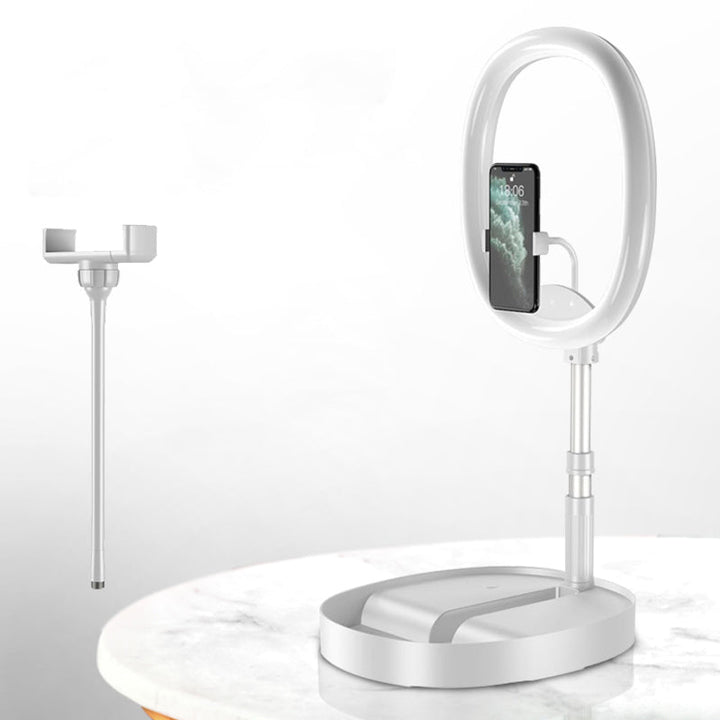 Skanto | Sammenleggbar og Justerbar Telefonholder med 10W Trådløs Hurtiglading, Opptil 25,8 cm, Lampe, Antiskli Panel, Mini Hylle, Passende for Telefoner og Nettbrett