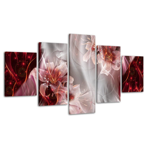 5 deler Rød Hvit Ombre Bakgrunn Rosa Blomst - Lerret Veggkunst Maleri | Skanto