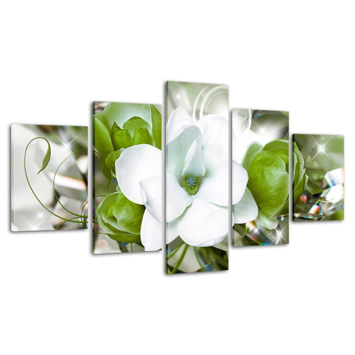 5-delt grønn bakgrunn hvite blomster - lerret veggkunst maleri | Skanto