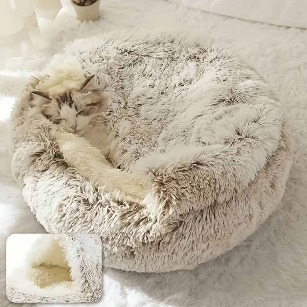 Skanto | Rund hette Faux Fur kjæledyr seng