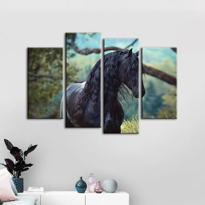 4 Piece Black Horse in Forest Canvas Wall Art Painting | Skanto