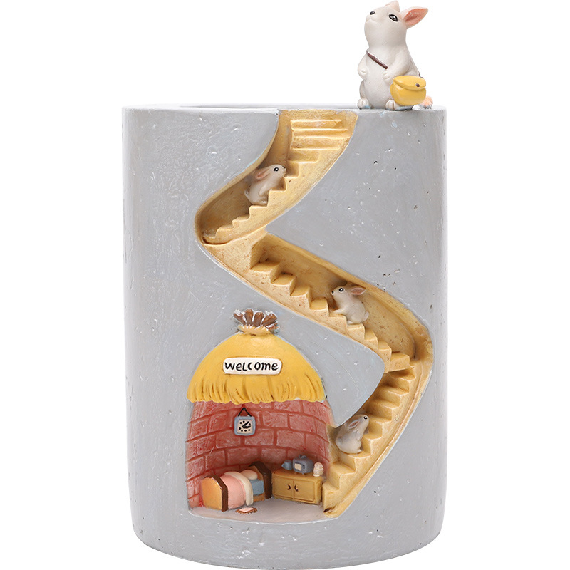 Skanto | Decorative plant pot with hedgehog and rabbit miniature – Creative staircase design for plants