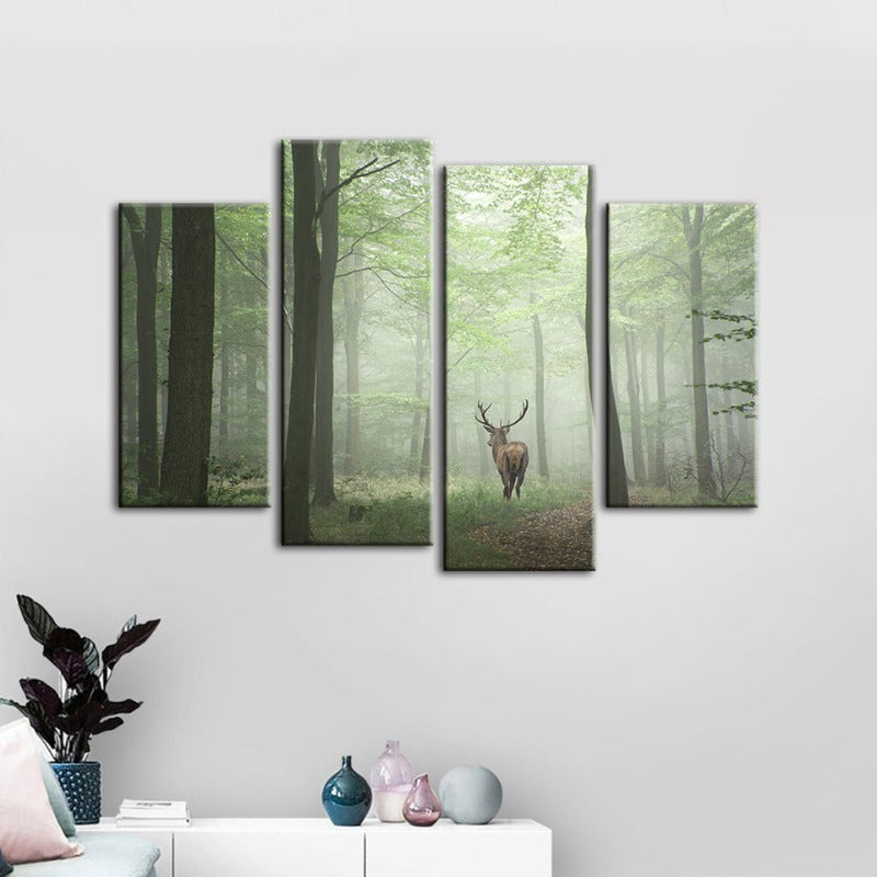 4 stk Tåkelagte Mystiske Hjorter i Skogen - Lerret Veggkunst Maleri | Skanto