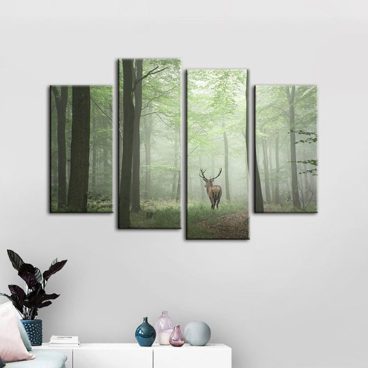 4 stk Tåkelagte Mystiske Hjorter i Skogen - Lerret Veggkunst Maleri | Skanto