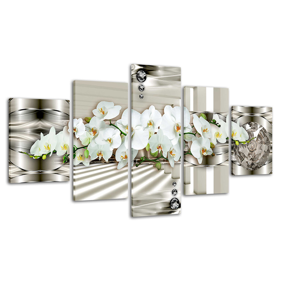 5 stk Hvit Metallic Bakgrunn Blomst - Lerret Veggkunst Maleri | Skanto
