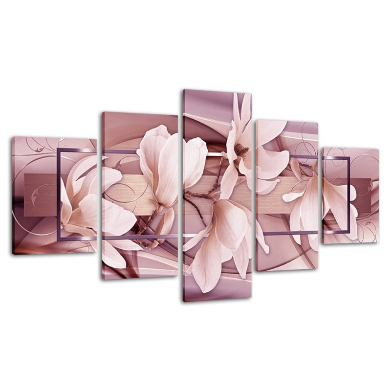 5-delt lys rosa blomster - lerret veggkunst maleri | Skanto