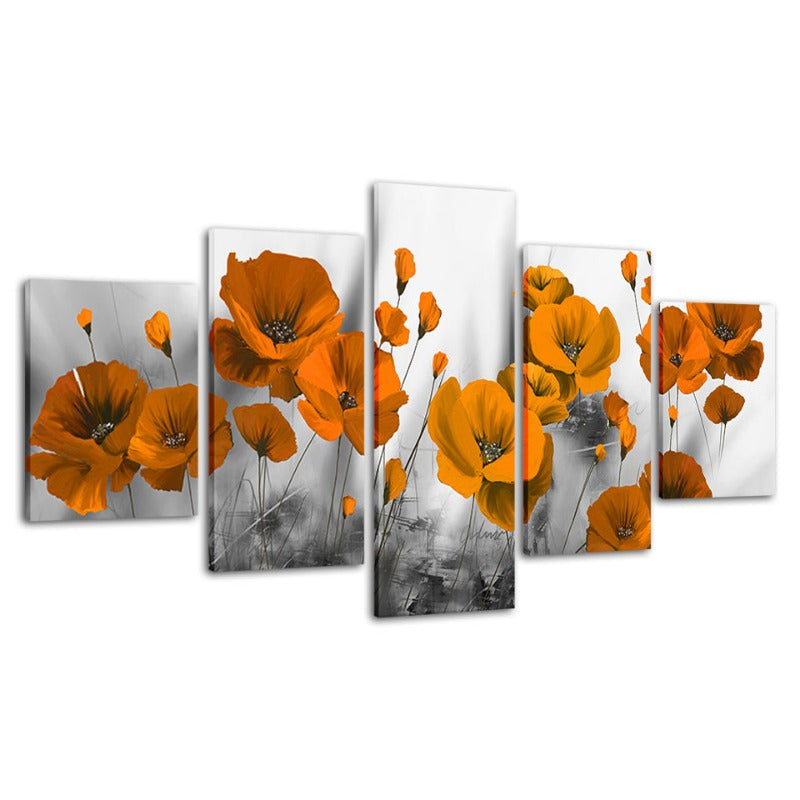 5 stk. orange blomster - lerret veggkunst maleri | Skanto
