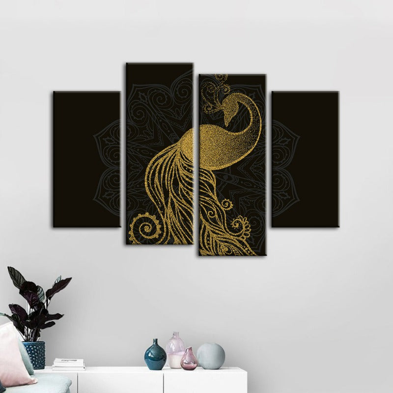 Abstract Golden Mandala Påfugl Lærred Veggkunst Maleri 4 Deler | Skanto