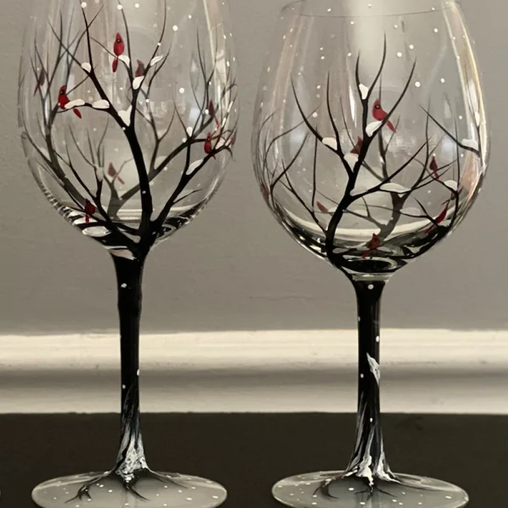 Fire Seasons Tree Vin Glass - Håndmalt Kunst | Skanto