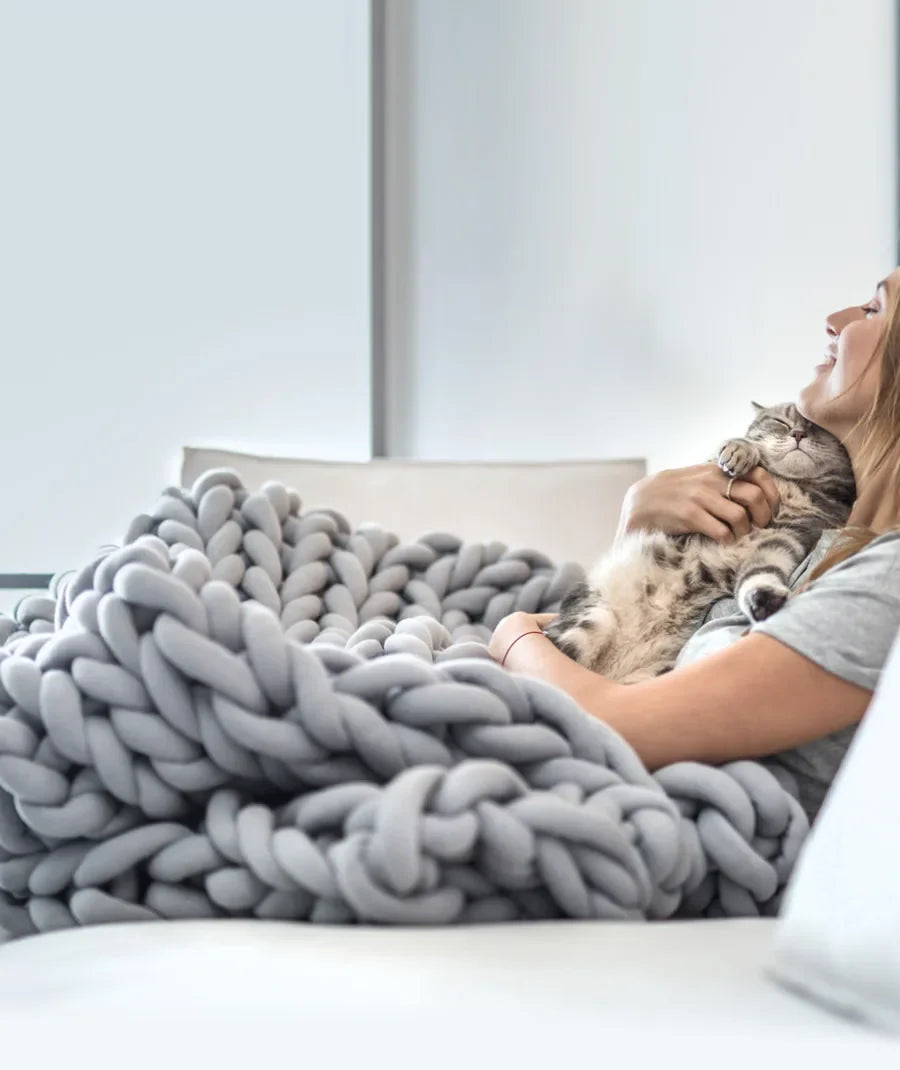 Chunky Knit Throw Håndlaget Vektet Teppe - SUPER KOSY & BEROLIGENDE TEPPE Skanto