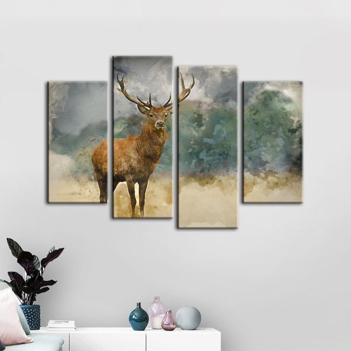 4-delt Aquarell Ebenholz Hjort - Lærred Veggkunstmaleri | Skanto