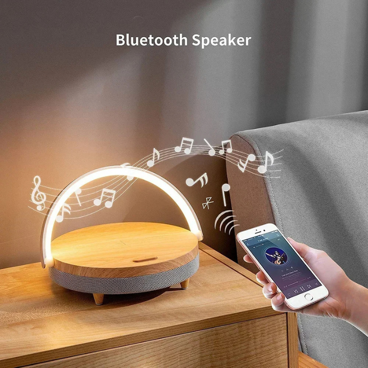 Skanto | Multifunksjonell Trebordlampe med Bluetooth-høyttaler og Trådløs lader