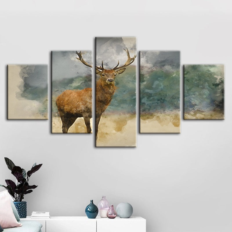 5-delt Aquarell-nivåer Reinsdyr - Lerret Vegkunst Maleri | Skanto
