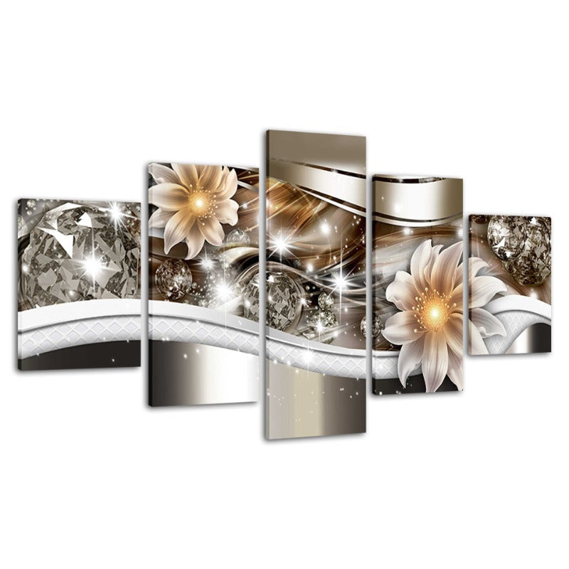 5-delt Golden Glow Hue Hvite Blomst - Lærret Veggkunst Maleri | Skanto