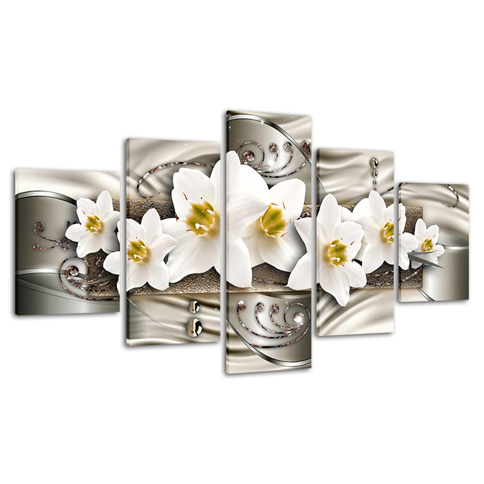 Klassiske Hvite Blomster 5 Deler - Lerret Veggkunst Maleri | Skanto