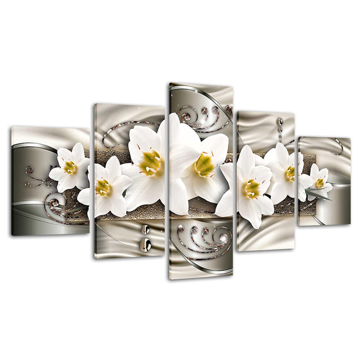 Klassiske Hvite Blomster 5 Deler - Lerret Veggkunst Maleri | Skanto