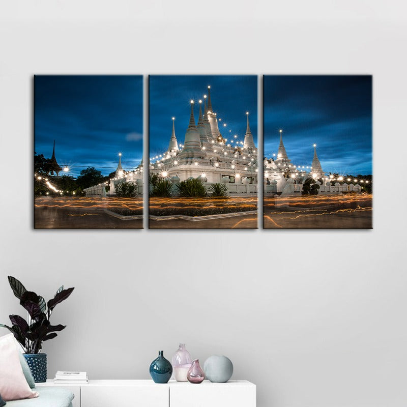 vakre tempel natt tid-lerret veggkunst maleri 3 deler | Skanto