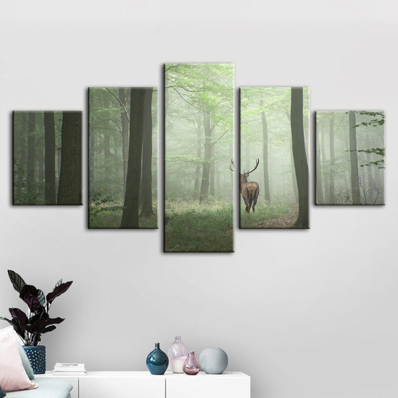 5 Styk Tåke Mystiske Hjort I Skogen - Lerret Veggkunst Maleri | Skanto
