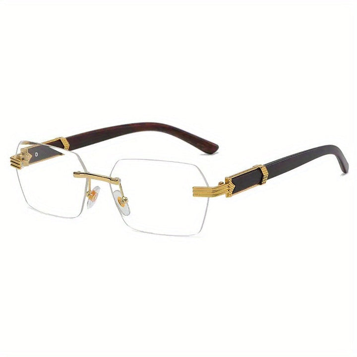 Rimless sunglasses with rectangular lenses and faux wood temples – Verro | Skanto
